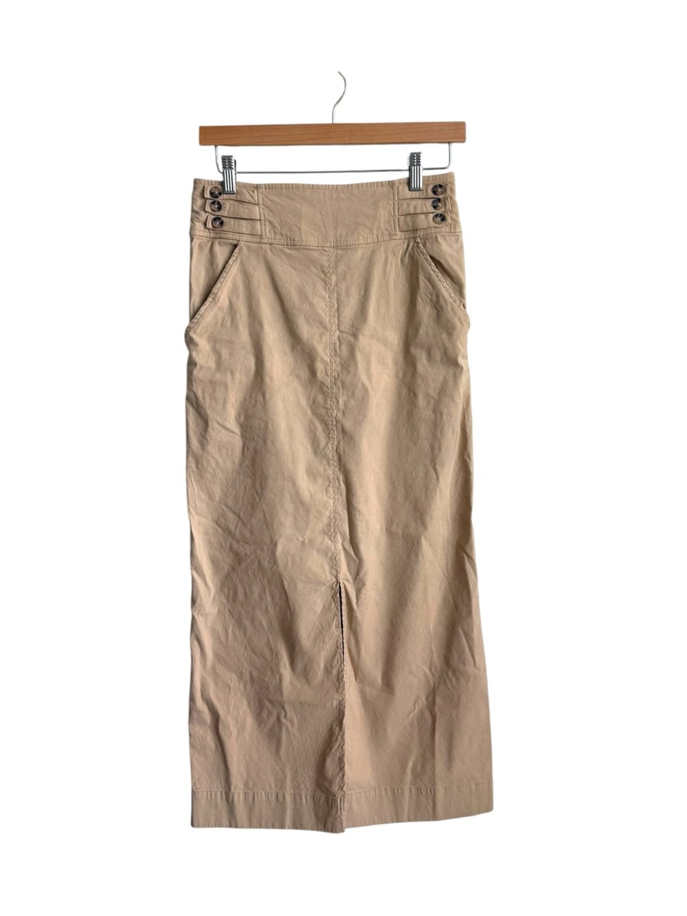 Anthropologie Slim Column Maxi Skirt Tan Linen Blend Front Slit Pockets Size 4 - Picture 5 of 16